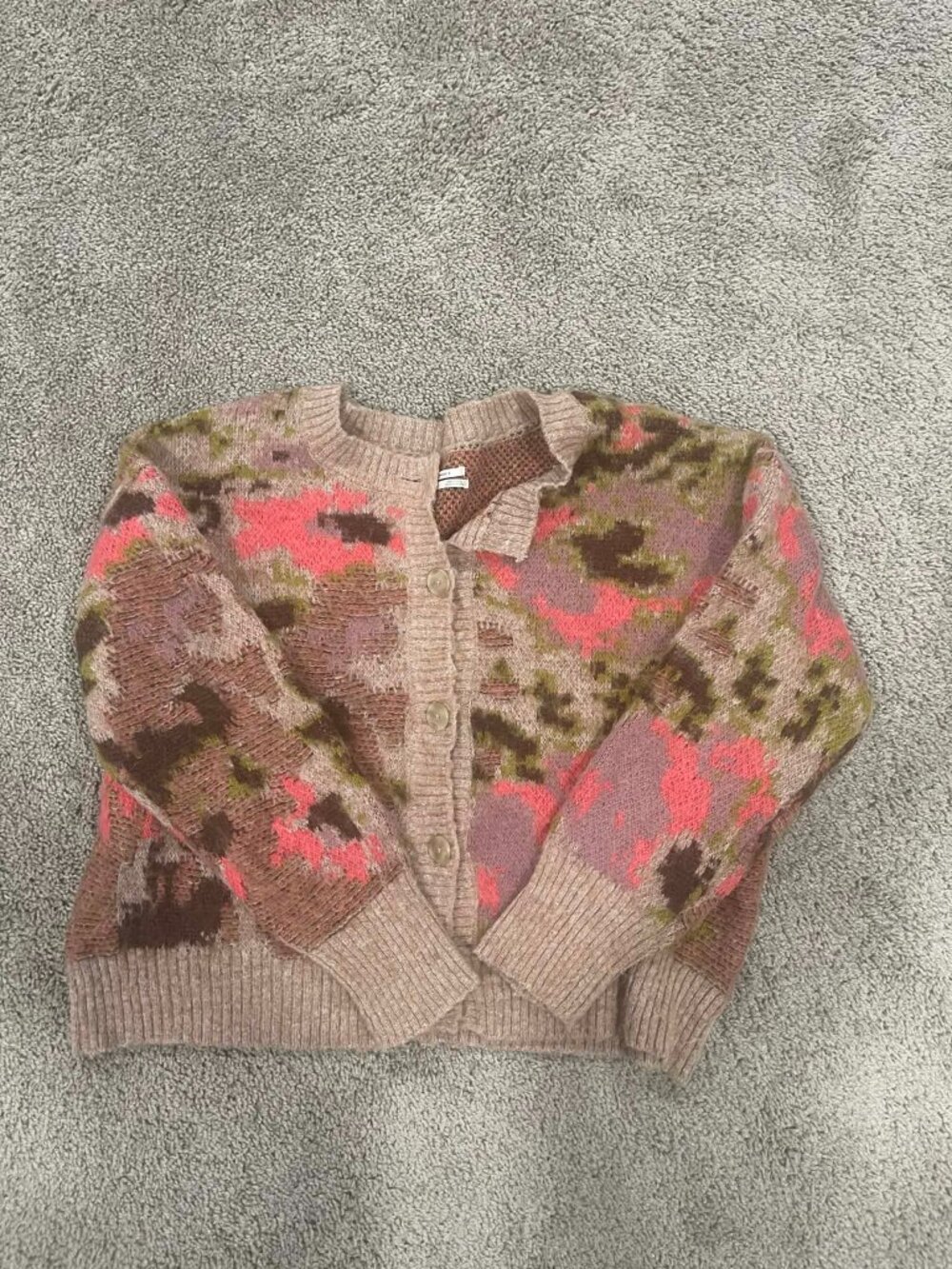 Anthropologie Women's Cardigan Pink Combo Abstract Floral Wool Blend Size Lg
